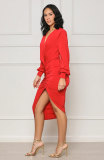 Long Sleeve V Neck Split Midi Dress XHXF-377