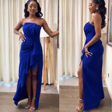 Plus Size Solid Wrap Chest Pleated Irregular Split Maxi Dress NY-2876