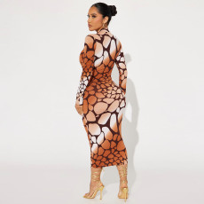 Long Sleeve Print Slim Midi Dress SH-390841