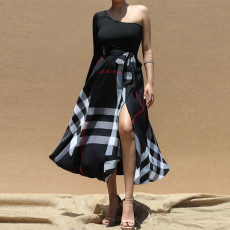 One Shoulder Printed Color Block Split Maxi Dress YF-10635