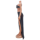 Sexy Mesh Hot Drill Bra And Split Long Skirt Nightclub 2 Piece Set GOSD-6878