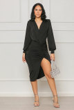 Long Sleeve V Neck Split Midi Dress XHXF-377