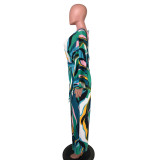 Print V Neck Tie Up Long Sleeve Jumpsuit NK-8631