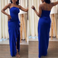 Plus Size Solid Wrap Chest Pleated Irregular Split Maxi Dress NY-2876