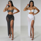 Sexy Mesh Hot Drill Bra And Split Long Skirt Nightclub 2 Piece Set GOSD-6878