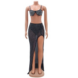 Sexy Mesh Hot Drill Bra And Split Long Skirt Nightclub 2 Piece Set GOSD-6878