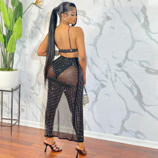 Sexy Mesh Hot Drill Bra And Split Long Skirt Nightclub 2 Piece Set GOSD-6878