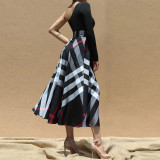 One Shoulder Printed Color Block Split Maxi Dress YF-10635