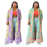 Print Color Block Long Sleeve Cardigan Coat YF-10634
