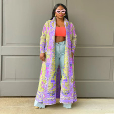 Print Color Block Long Sleeve Cardigan Coat YF-10634