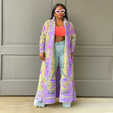 Print Color Block Long Sleeve Cardigan Coat YF-10634