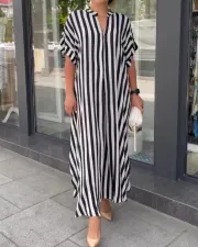 Plus Size Stripe Cardigan Short Sleeve Split Shirt Dress GOFY-W2865