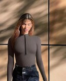 Solid Color Zipper Long Sleeve Bodysuit GOFY-864#