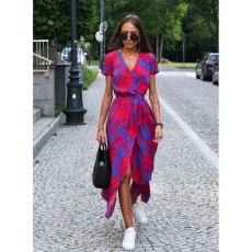 Fashion V Neck Short Sleeve Print Split Maxi Dress GOFY-DM9106