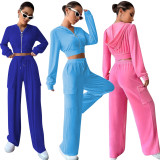 Fashion Solid Long Sleeve Hooded Straight Pants Two Piece Set YD-8787-D8