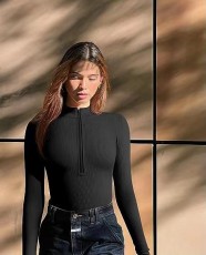 Solid Color Zipper Long Sleeve Bodysuit GOFY-864#