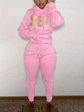 Solid Letter Print Hooded Sweatshirt Pants Two Piece Set LSD-1676