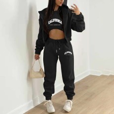 Padded Sweatshirt Letter Printed Hooded Sport Three Piece Pants Set TK-004