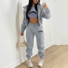 Padded Sweatshirt Letter Printed Hooded Sport Three Piece Pants Set TK-004