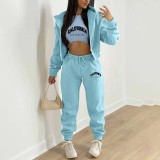 Padded Sweatshirt Letter Printed Hooded Sport Three Piece Pants Set TK-004