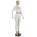 Solid Color Long Sleeve Tops Leggings Pants Two Piece Set YH-5182