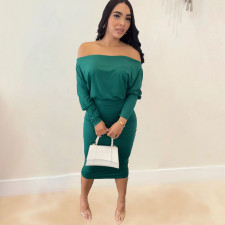 Solid Color One Shoulder Top And Midi Skirts Two Piece Set NY-10636