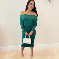 Solid Color One Shoulder Top And Midi Skirts Two Piece Set NY-10636