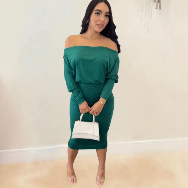 Solid Color One Shoulder Top And Midi Skirts Two Piece Set NY-10636