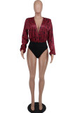 Print Deep V Neck Long Sleeve Bodysuit XHXF-376