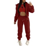 Padded Sweatshirt Letter Printed Hooded Sport Three Piece Pants Set TK-004