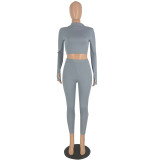 Solid Color Long Sleeve Tops Leggings Pants Two Piece Set YH-5182