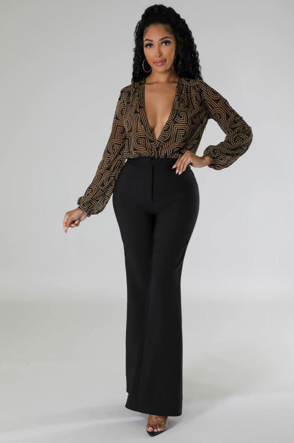 Print Deep V Neck Long Sleeve Bodysuit XHXF-376