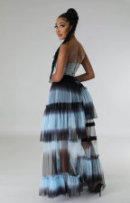 Contrast Color High Waist Mesh Long Skirts XHXF-375
