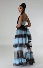 Contrast Color High Waist Mesh Long Skirts XHXF-375