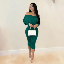 Solid Color One Shoulder Top And Midi Skirts Two Piece Set NY-10636