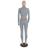 Solid Color Long Sleeve Tops Leggings Pants Two Piece Set YH-5182