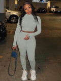 Solid Color Long Sleeve Tops Leggings Pants Two Piece Set YH-5182