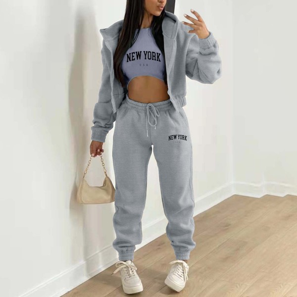 Padded Sweatshirt Letter Printed Hooded Sport Casual Three Piece Set TK-003