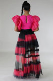 Contrast Color High Waist Mesh Long Skirts XHXF-375