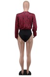 Print Deep V Neck Long Sleeve Bodysuit XHXF-376