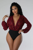 Print Deep V Neck Long Sleeve Bodysuit XHXF-376