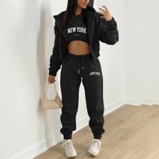 Padded Sweatshirt Letter Printed Hooded Sport Casual Three Piece Set TK-003