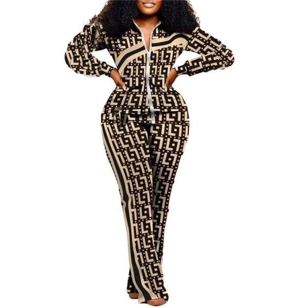 Casual Print Zipper Long Sleeve Sport Two Piece Pants Set ORY-5264