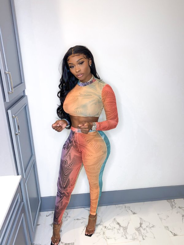 Sexy Print Tight Long Sleeve Pants Two Piece Set YIBF-60180