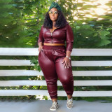 Plus Size Casual PU Leather Zipper Slim Two Piece Pants Set NNWF-7959