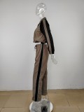 Lapel Color Block Long Sleeve Pants Sport Two Piece Set MUE-7970