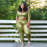 Plus Size Casual PU Leather Zipper Slim Two Piece Pants Set NNWF-7959