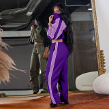 Lapel Color Block Long Sleeve Pants Sport Two Piece Set MUE-7970