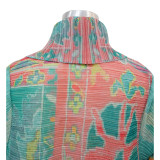 Plus Size Pleated Printed Trench Coat Long Jacket NNWF-10634