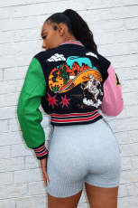 Plus Size Print Rib Color Blocking Baseball Jacket OM-1709